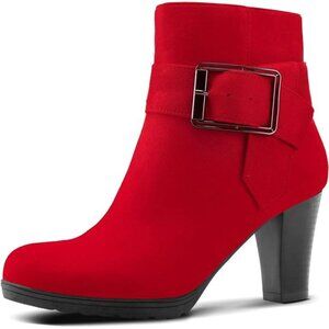 NWT Women's Ankle Booties Bowknot Square Buckle Red Suede Chunky Heel Zip